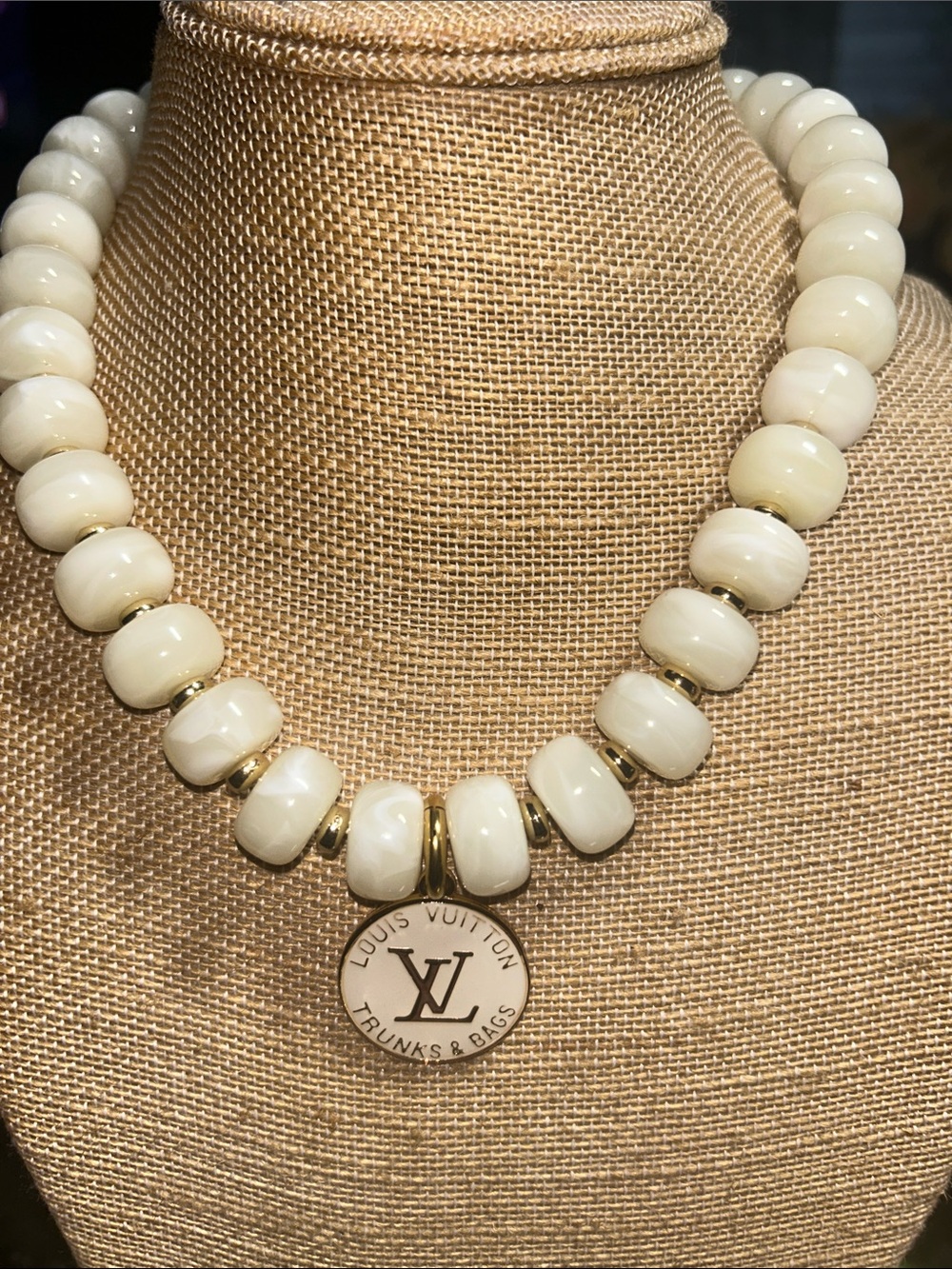 Louis Vuitton Cream Bead Necklace with Gold Accents and LV Medallion